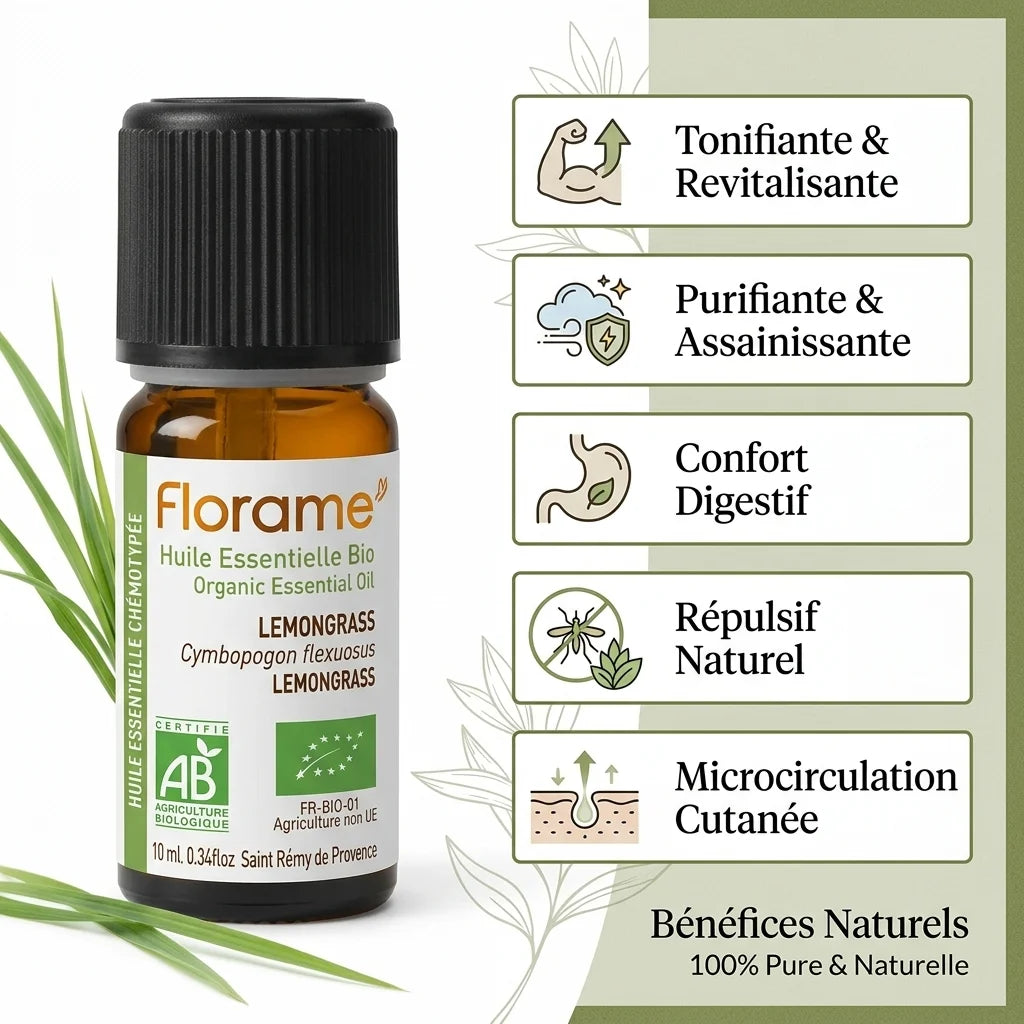 Huile essentielle lemongrass bio Florame 10ml avec 5 bénéfices tonifiants et purifiants