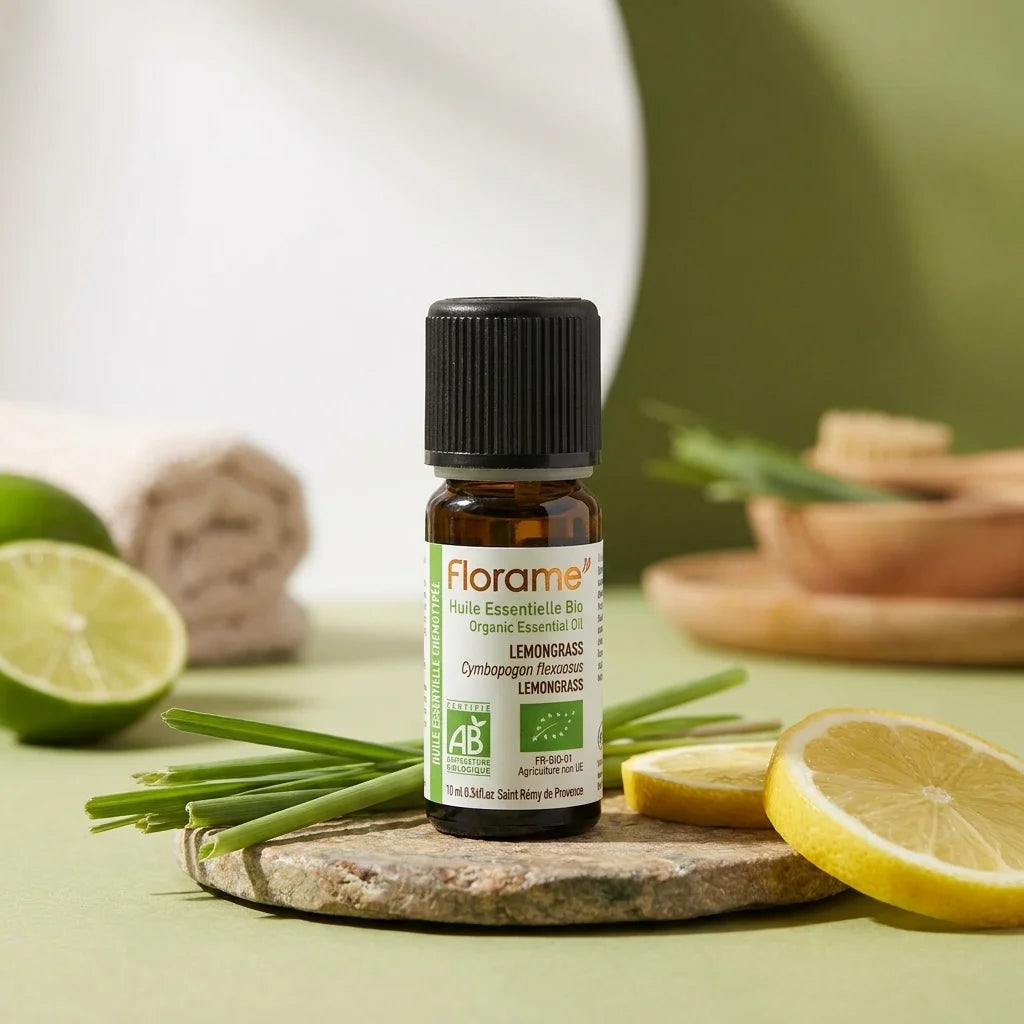 Huile essentielle lemongrass bio Florame 10ml avec herbes fraîches et agrumes