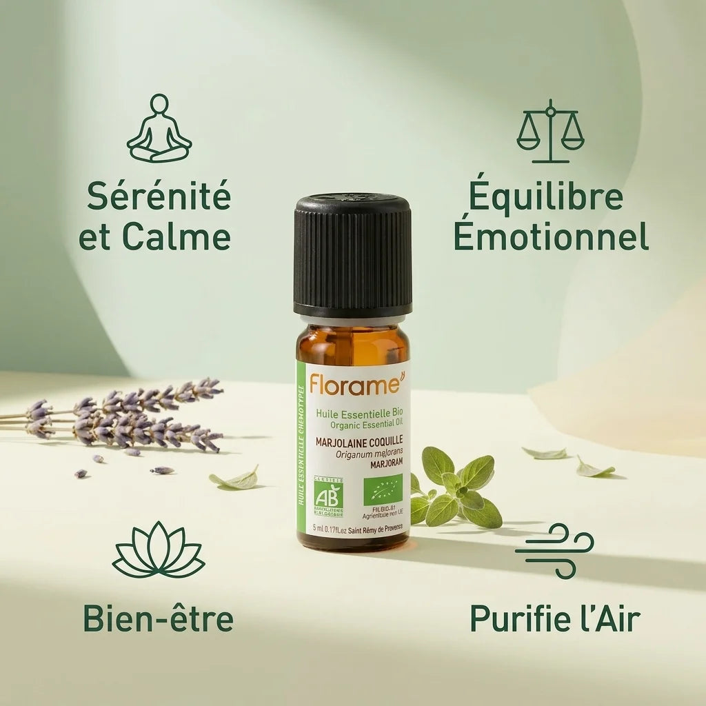 Huile essentielle marjolaine bio Florame 5ml avec bénéfices sérénité et bien-être