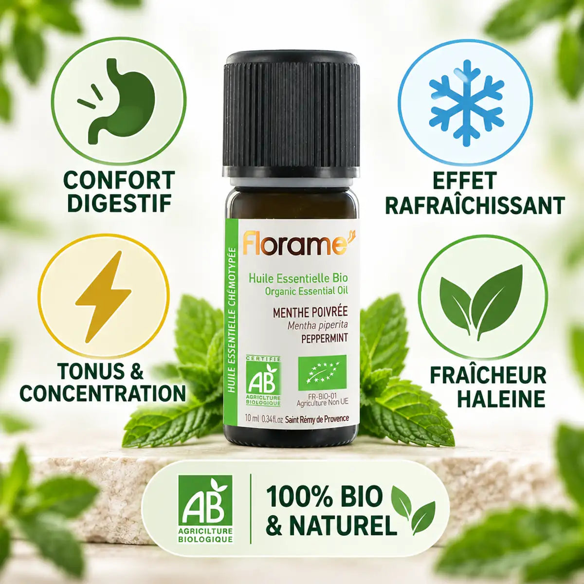 Huile essentielle menthe poivrée bio Florame 10ml avec bénéfices digestif et rafraîchissant