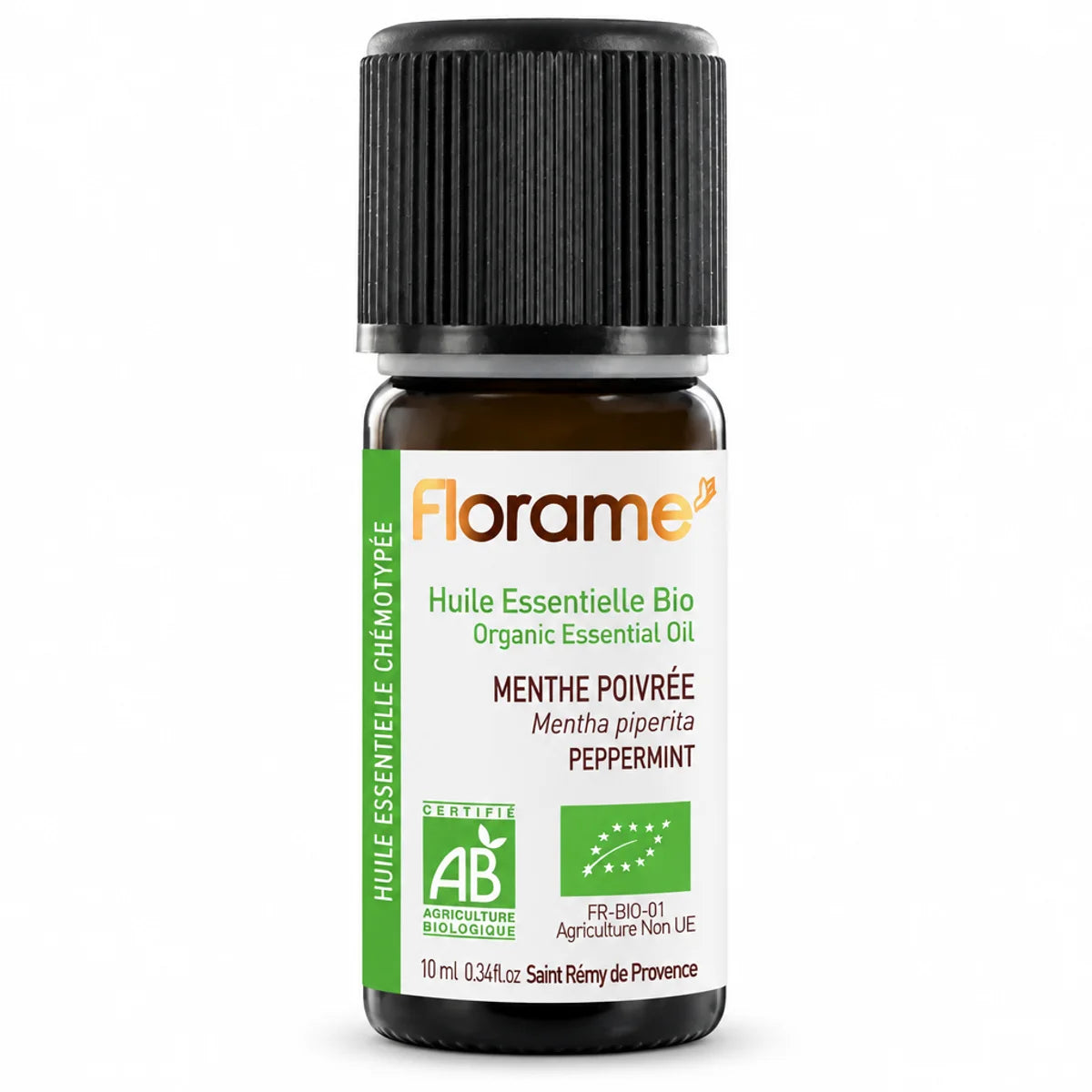 Flacon d'huile essentielle Menthe poivrée bio Florame 10ml avec étiquette verte et certification AB