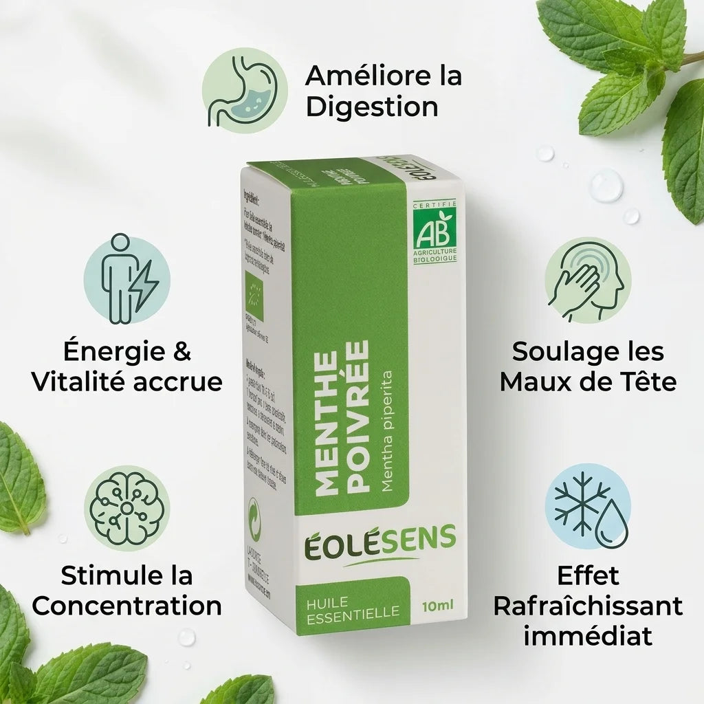 Huile essentielle menthe poivrée bio Eolésens 10ml avec infographie des 5 bénéfaits