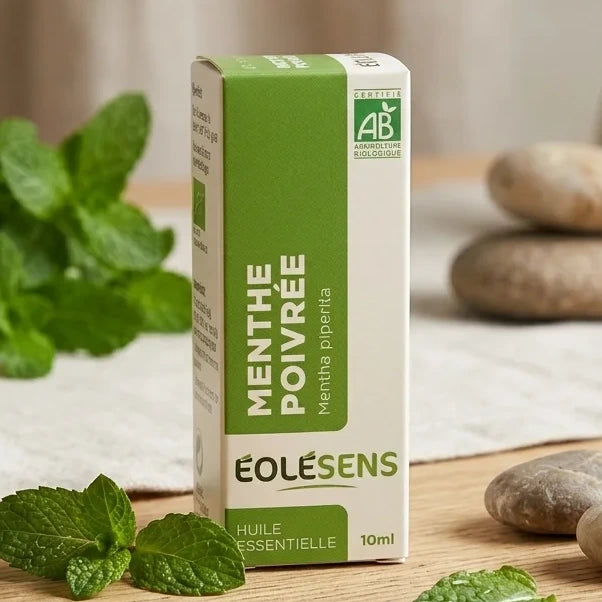 Huile essentielle menthe poivrée bio Eolésens 10ml avec feuilles fraîches et certification AB