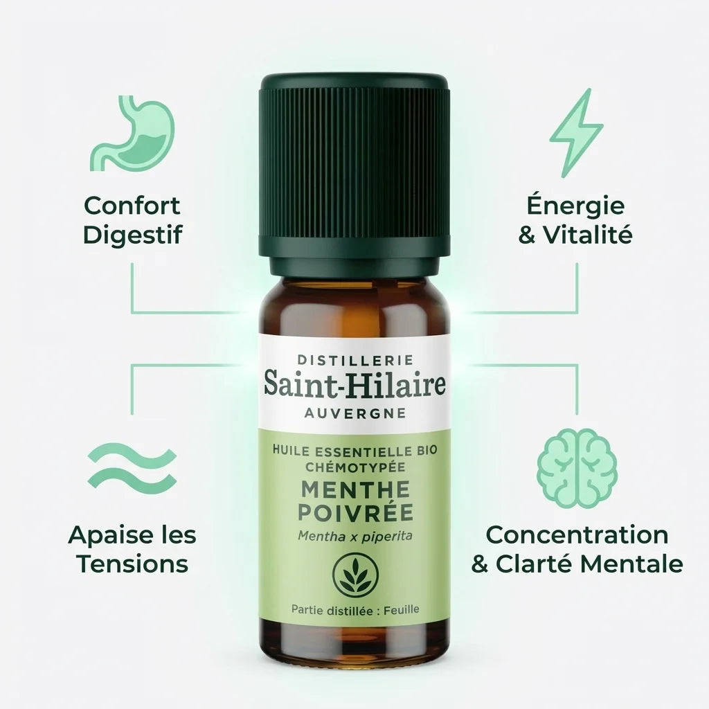 Huile essentielle menthe poivrée bio Saint-Hilaire 10ml avec bénéfices digestifs et énergétiques