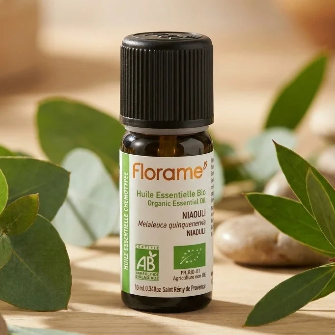 Huile essentielle Niaouli Bio Florame 10ml flacon verre avec feuilles eucalyptus naturelles