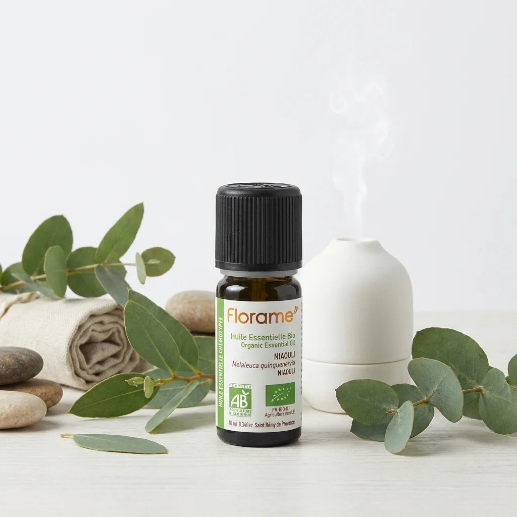Huile essentielle de Niaouli Bio Florame 10ml avec feuilles d'eucalyptus frais