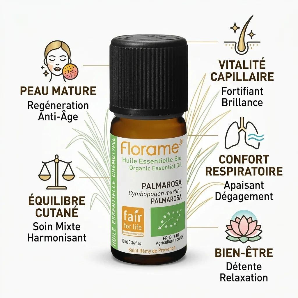 Huile essentielle Palmarosa Bio 10ml Florame avec bénéfices peau mature et vitalité capillaire