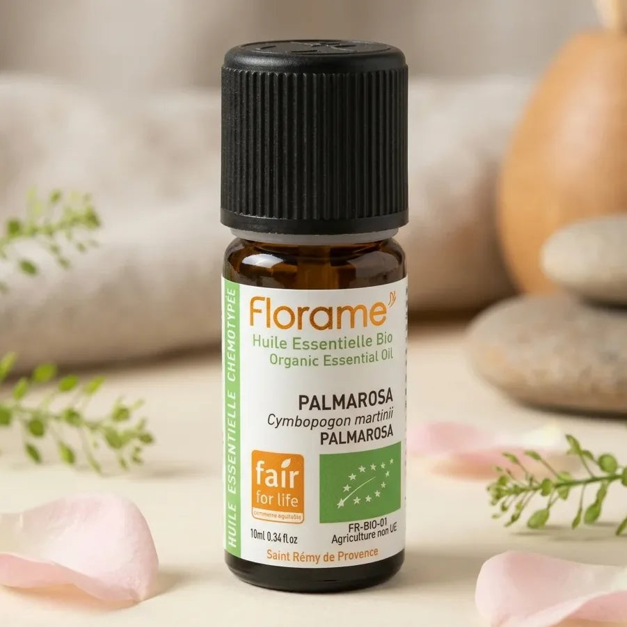 Huile essentielle Palmarosa Bio Florame 10ml en flacon ambré avec pétales de roses