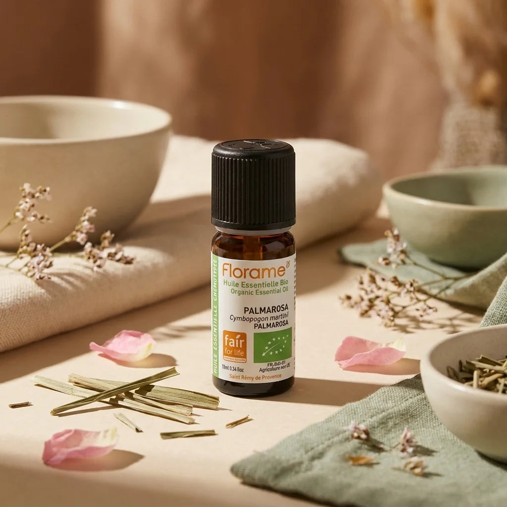 Flacon d'huile essentielle de Palmarosa Bio 10ml Florame en ambiance spa minimaliste