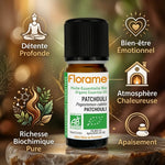 Huile essentielle patchouli bio Florame 10ml avec icônes bien-être et détente sur fond luxe