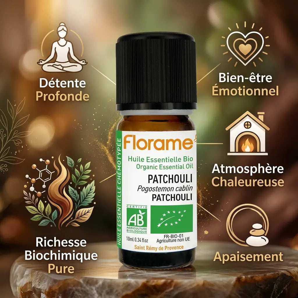 Huile essentielle patchouli bio Florame 10ml avec icônes bien-être et détente sur fond luxe