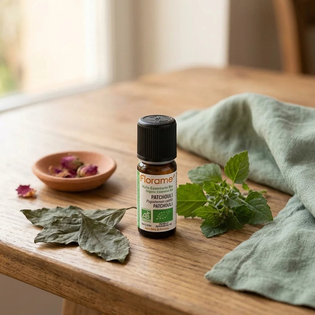 Huile essentielle patchouli bio Florame 10ml avec feuilles séchées et éléments naturels