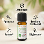 Huile essentielle Petit Grain Bigarade Bio Florame 10ml avec infographie bénéfices apaisante anti-stress sommeil