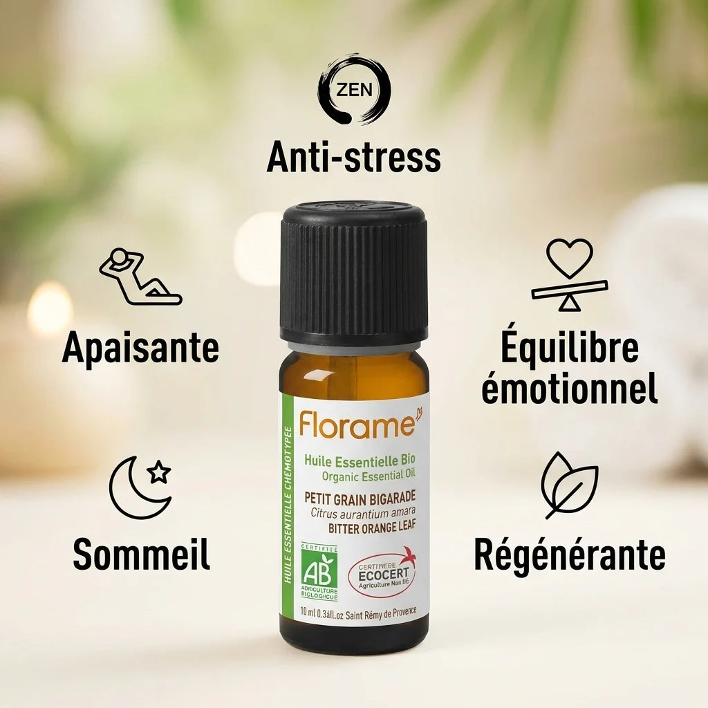 Huile essentielle Petit Grain Bigarade Bio Florame 10ml avec infographie bénéfices apaisante anti-stress sommeil
