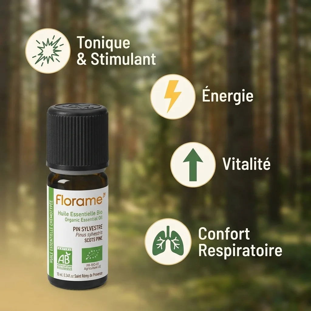 Florame Huile Essentielle Pin Sylvestre Bio 10ml avec bénéfices énergie vitalité respiration