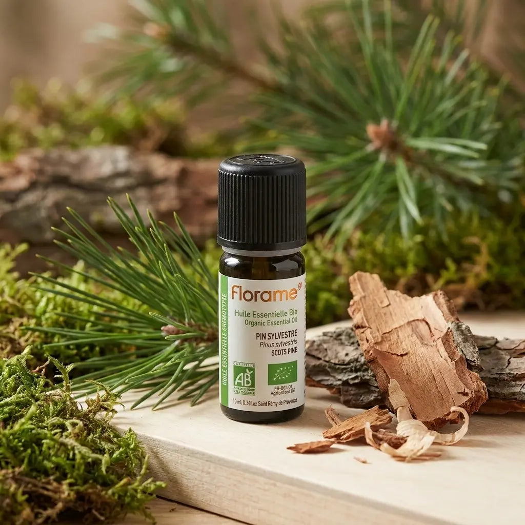 Huile essentielle de pin sylvestre bio Florame 10ml avec aiguilles de pin et mousse