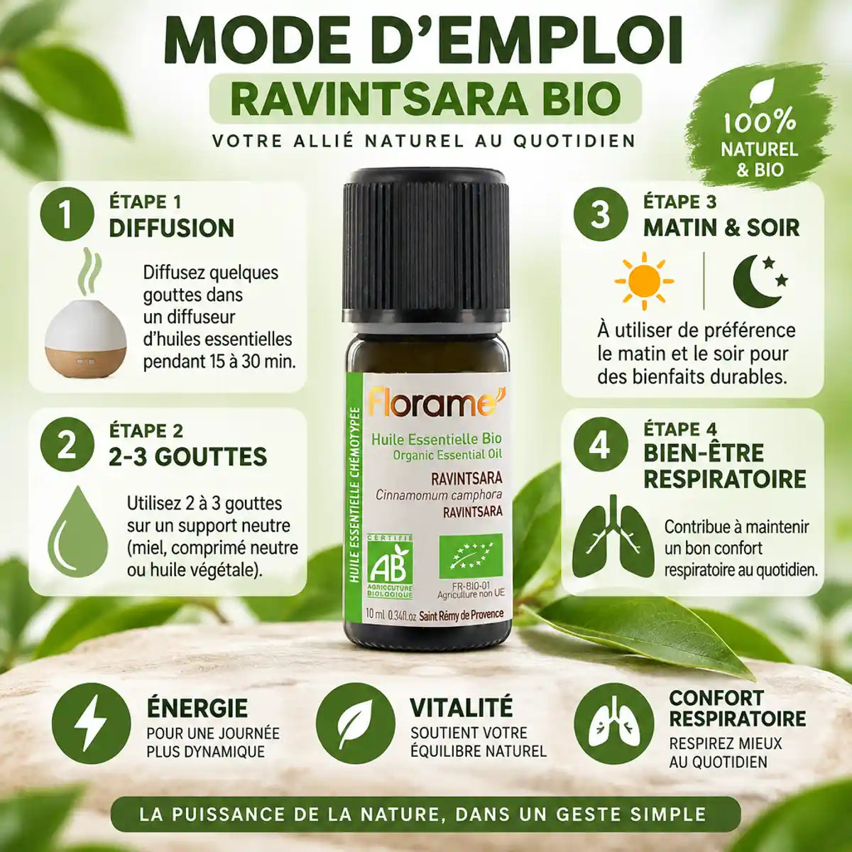 Flacon Ravintsara bio 10ml Florame avec guide d'utilisation et bienfaits respiratoires