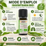 Flacon Ravintsara bio 10ml Florame avec guide d'utilisation et bienfaits respiratoires