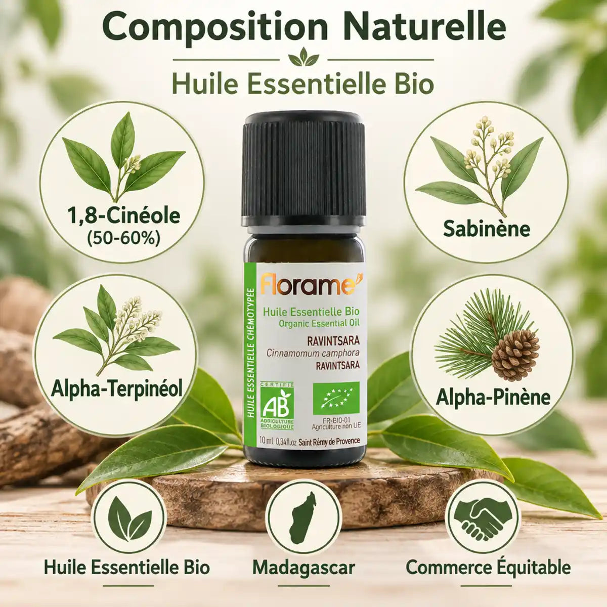 Huile essentielle Ravintsara bio Florame 10ml avec composition naturelle et ingrédients actifs