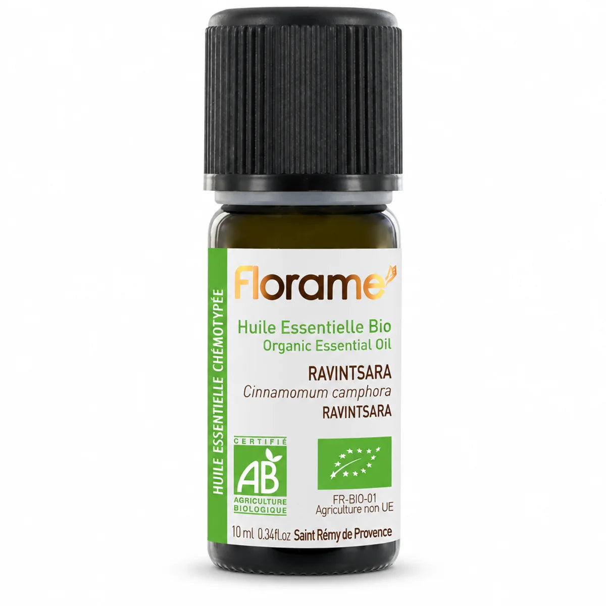 Flacon 10ml huile essentielle Ravintsara bio Florame avec étiquette verte et certification AB