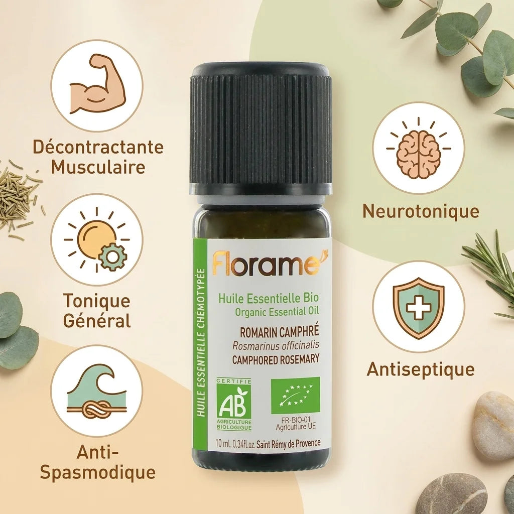 Huile essentielle Romarin Camphre Bio Florame 10ml avec bénéfices musculaires et toniques