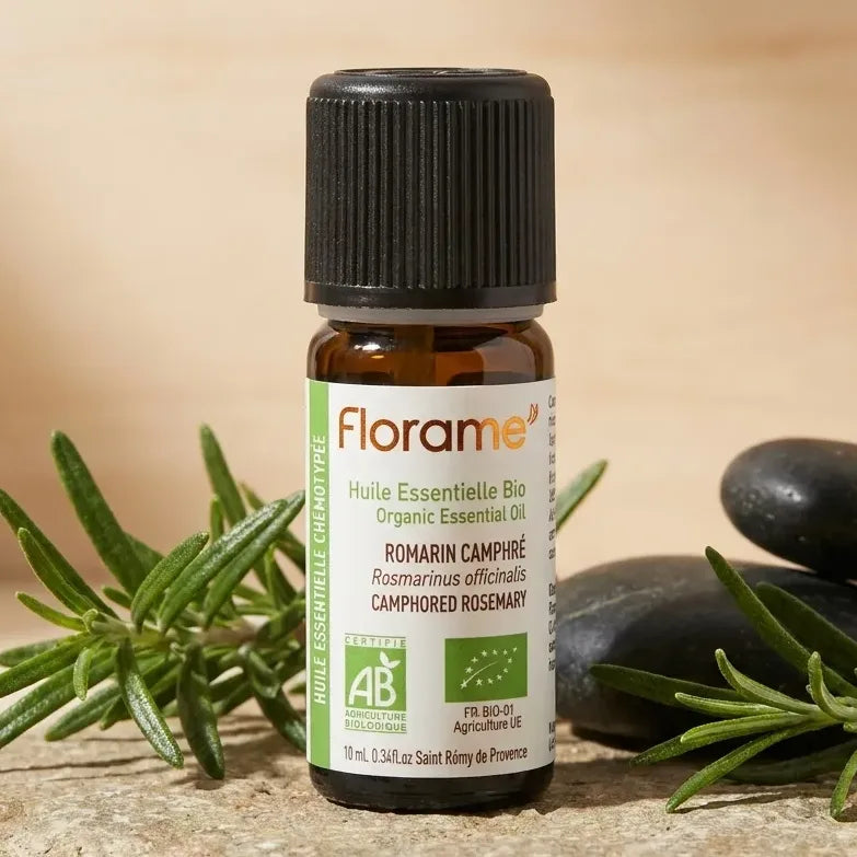 Huile essentielle romarin camphre bio Florame 10ml avec brins frais et pierres naturelles