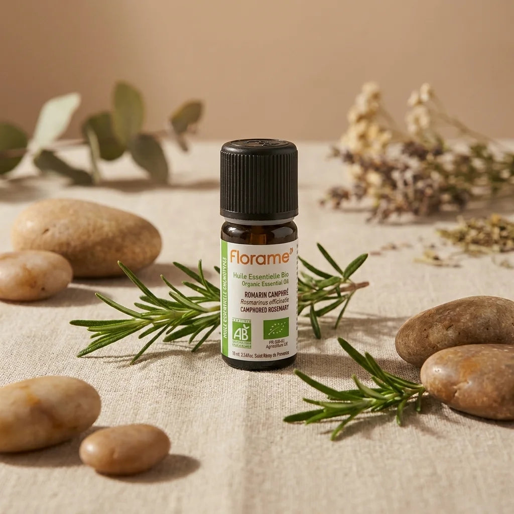 Huile essentielle romarin camphre bio Florame 10ml avec brins frais et pierres