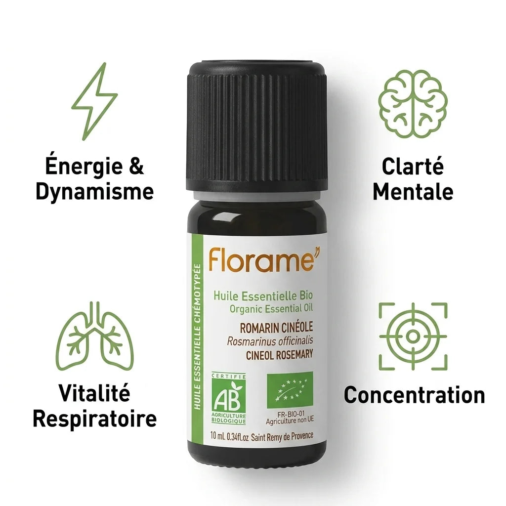 Huile essentielle Romarin Cinéole Bio Florame 10ml avec icônes bénéfices