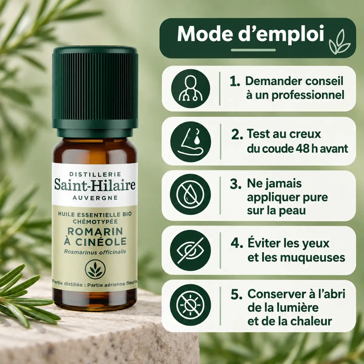 Flacon 10 ml d'huile essentielle de romarin à cinéole bio Saint-Hilaire et infographie mode d'emploi en 5 étapes