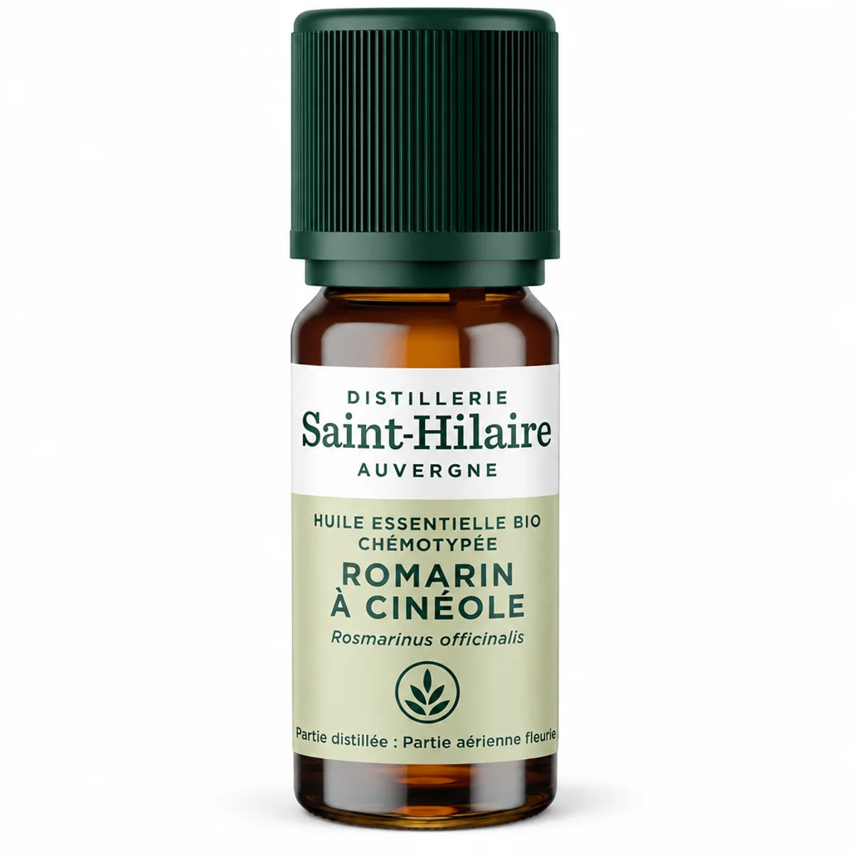 Flacon d'huile essentielle de romarin à cinéole bio Saint-Hilaire 10 ml, étiquette verte, fond blanc