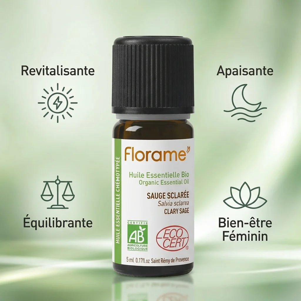 Huile Essentielle Sauge Sclarée Bio Florame 5ml avec ses 4 bénéfaits principaux