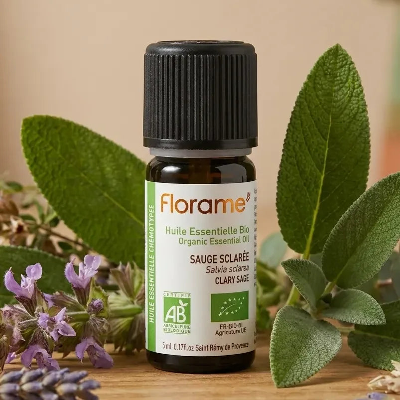 Huile essentielle sauge sclarée bio Florame 5ml avec feuilles de sauge fraîches