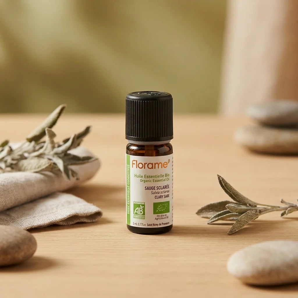 Huile essentielle de sauge sclarée bio Florame 5ml avec feuilles séchées et certification organique