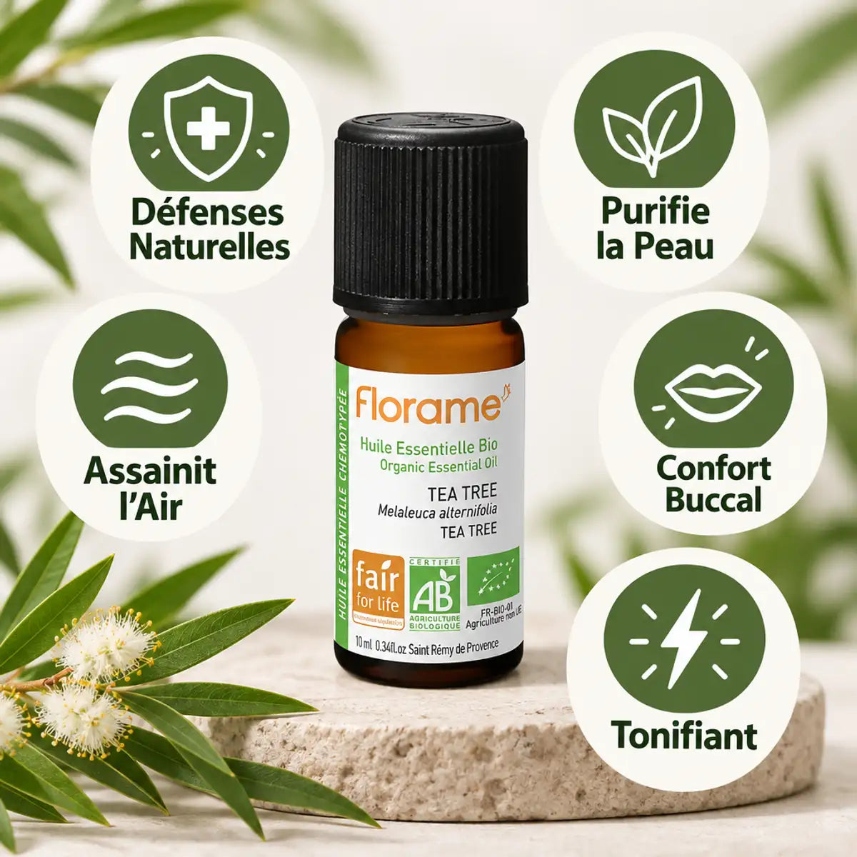 Huile essentielle Tea Tree bio Florame 10ml avec icônes bénéfices: défenses, peau, air, confort buccal