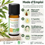Flacon huile essentielle Tea Tree bio Florame 10ml avec guide utilisation et instructions dilution