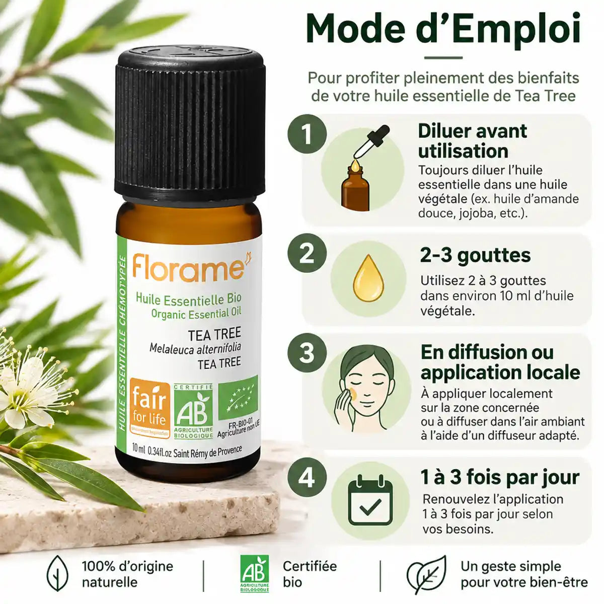 Flacon huile essentielle Tea Tree bio Florame 10ml avec guide utilisation et instructions dilution