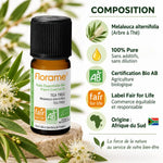 Huile essentielle Tea Tree Bio 10ml Florame avec composition, certification AB et Fair for Life