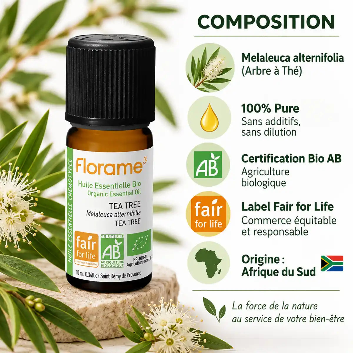 Huile essentielle Tea Tree Bio 10ml Florame avec composition, certification AB et Fair for Life