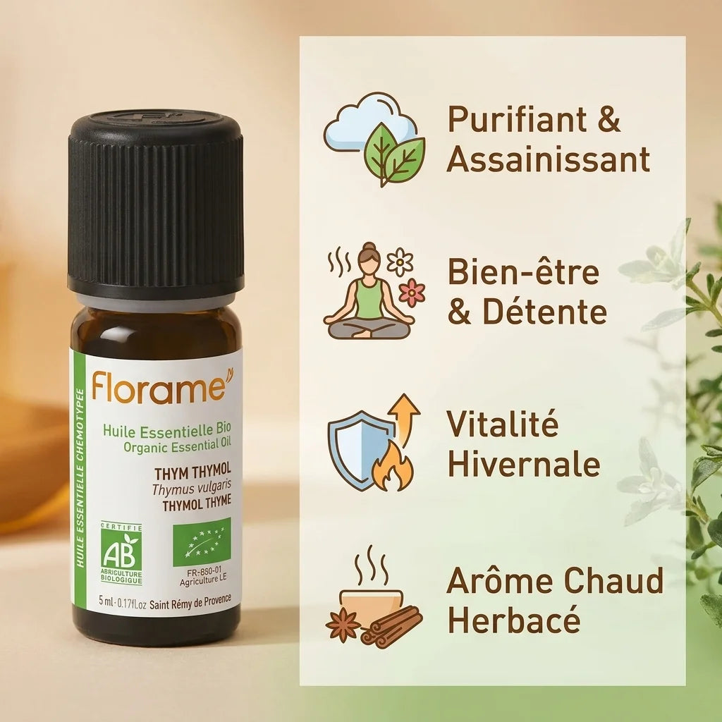 Huile essentielle de thym bio Florame 5ml avec ses 4 bénéfices: purifiant, détente, vitalité, arôme herbacé