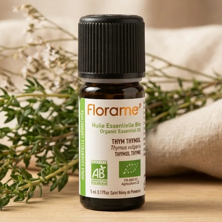 Flacon huile essentielle thym thymol bio Florame 5ml verre teinté avec étiquette verte