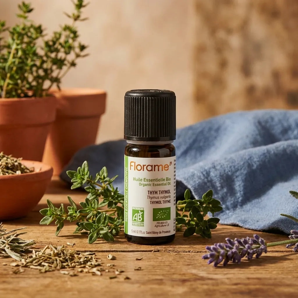 Huile essentielle de thym bio Florame 5ml avec brins de thym frais et herbes séchées