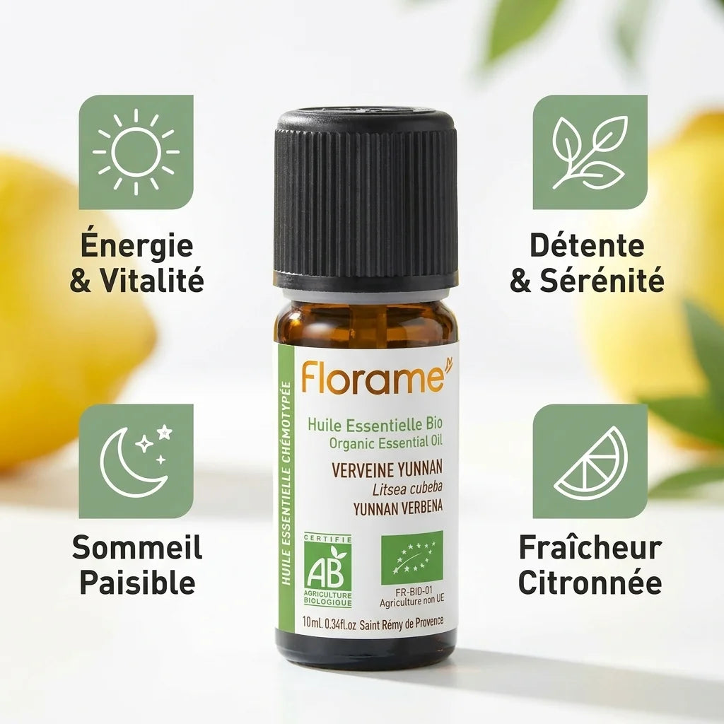 Huile essentielle Verveine Yunnan Bio Florame 10ml avec icônes bénéfices énergie détente sommeil