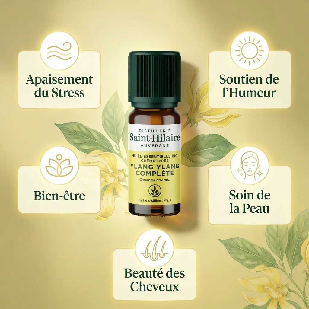 Huile essentielle Ylang Ylang Bio Saint Hilaire 10ml avec bénéfices : stress, humeur, peau, cheveux