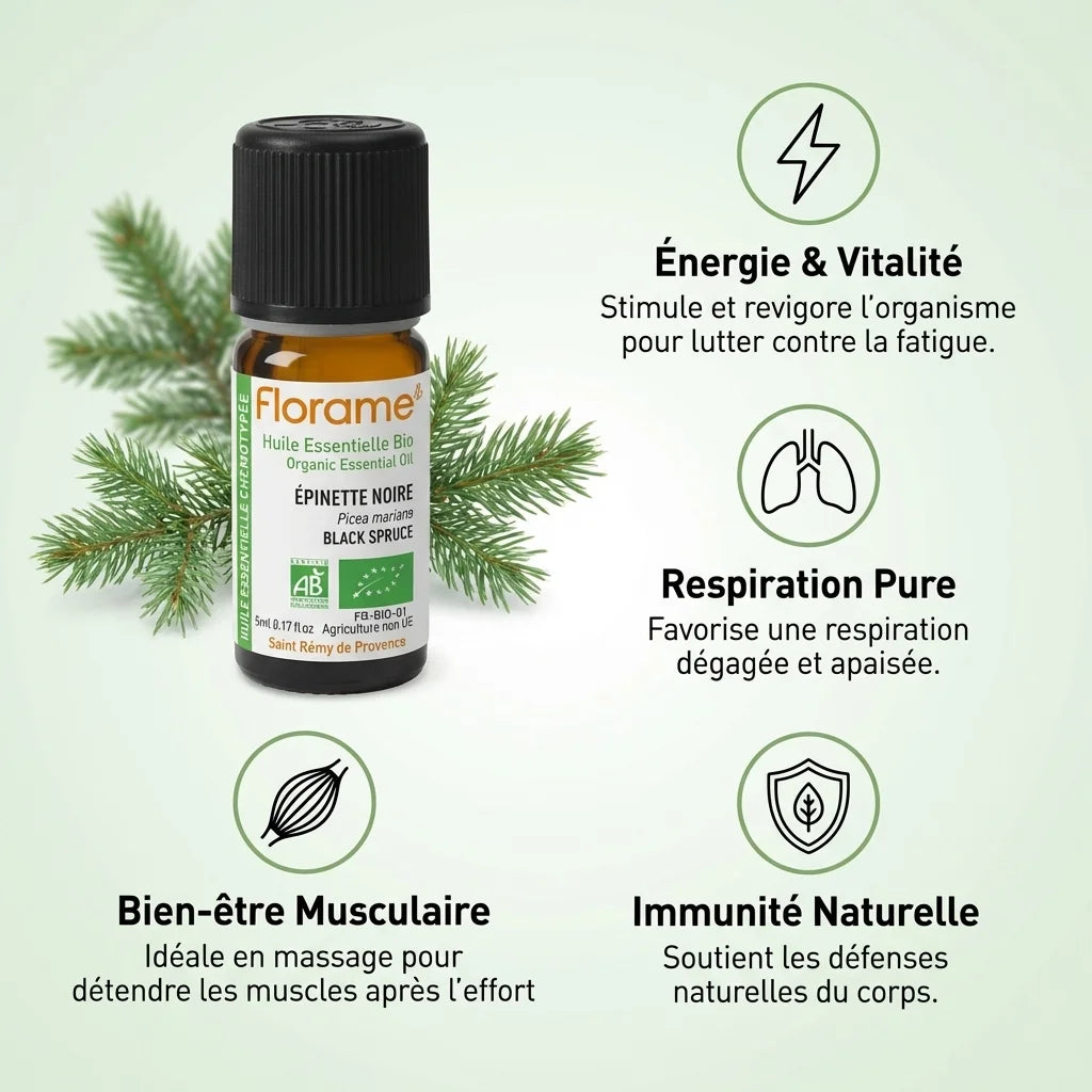 Huile essentielle épinette noire Florame 5ml avec bénéfices : énergie, respiration, muscles et immunité