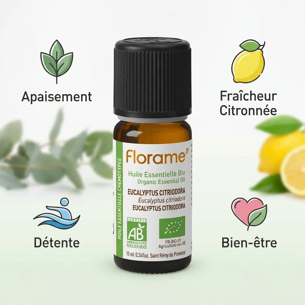 Huile essentielle eucalyptus citriodora bio Florame 10ml avec icônes apaisement fraîcheur détente bien-être