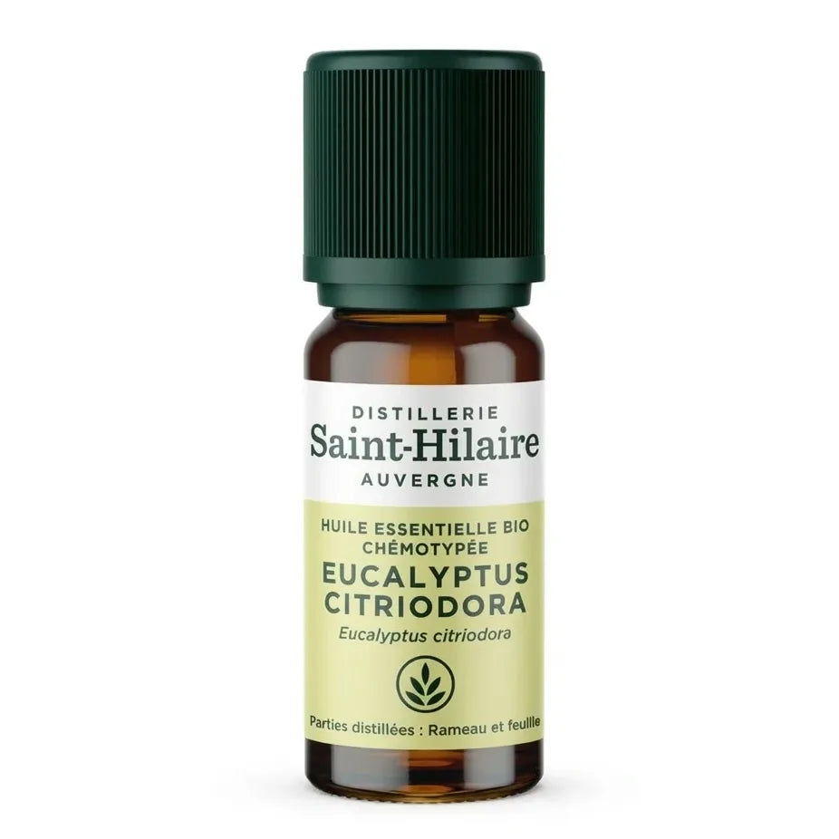 Flacon 10ml huile essentielle eucalyptus citronné bio Saint-Hilaire sur fond blanc
