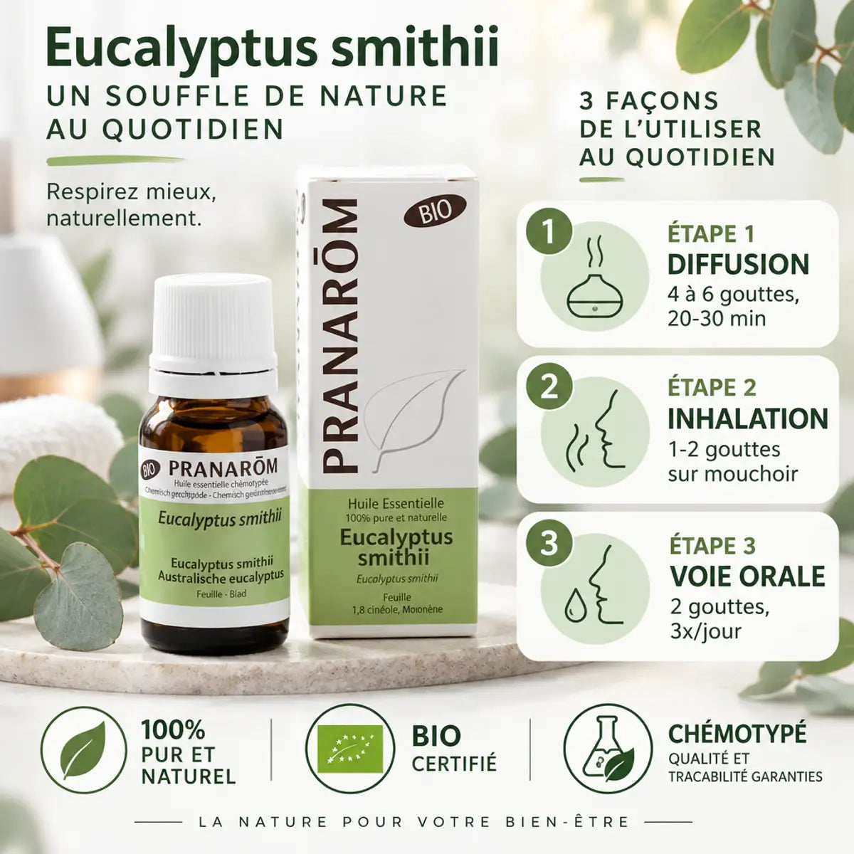 Huile essentielle d'eucalyptus smithii bio Pranarom avec modes d'utilisation et certifications