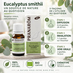 Huile essentielle d'eucalyptus smithii bio Pranarom avec modes d'utilisation et certifications