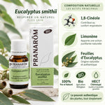 Huile essentielle eucalyptus smithii bio Pranarom avec feuilles fraîches et caractéristiques