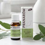 Huile essentielle Eucalyptus smithii Pranarom bio avec fleurs et diffuseur céramique